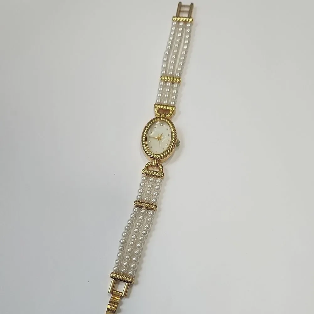 Vintage Gold Tone and Faux Pearl Women's Watch